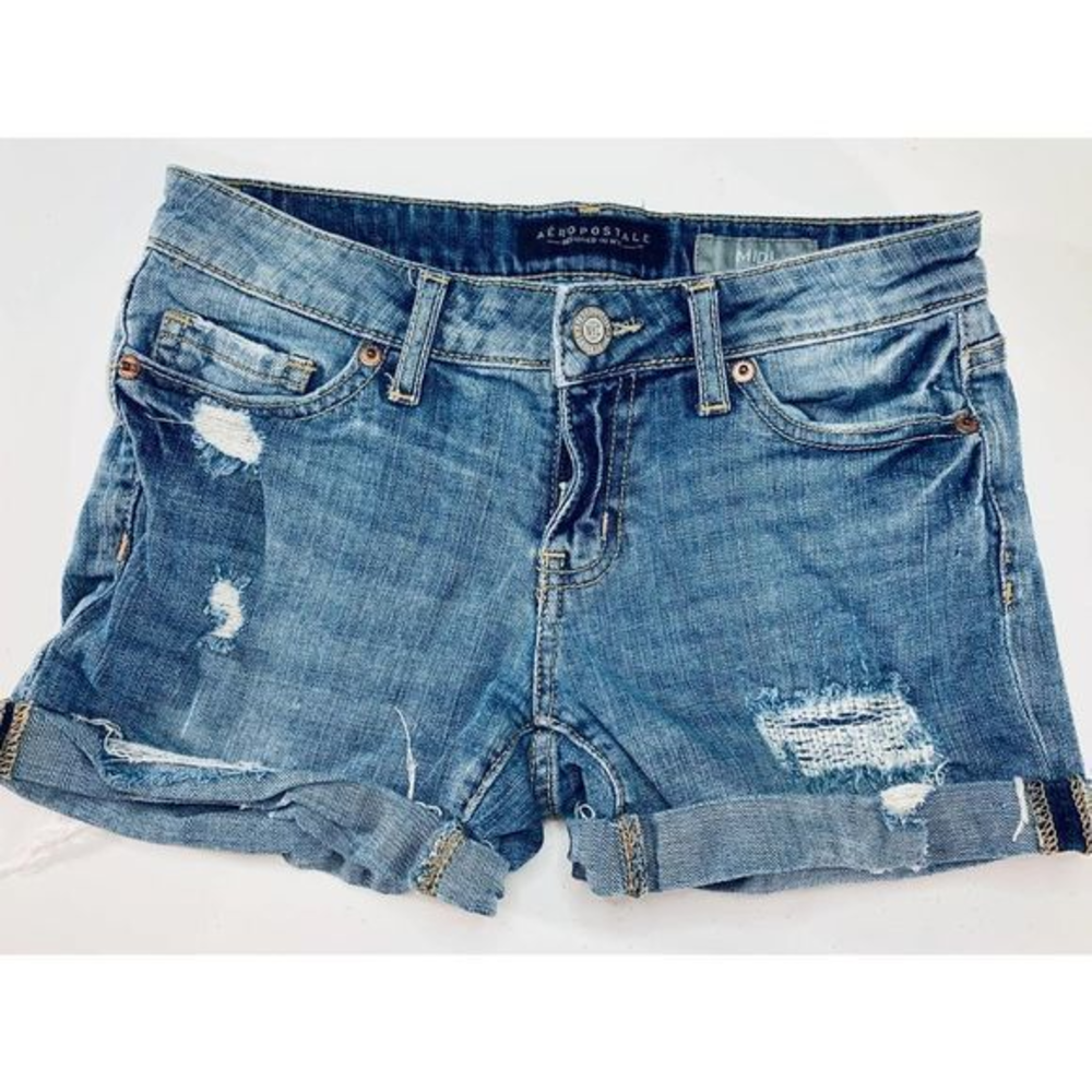 Aeropostale Womens Jeans Shorts Size 00‎ Blue Distressed Low Rise Rolled Hem